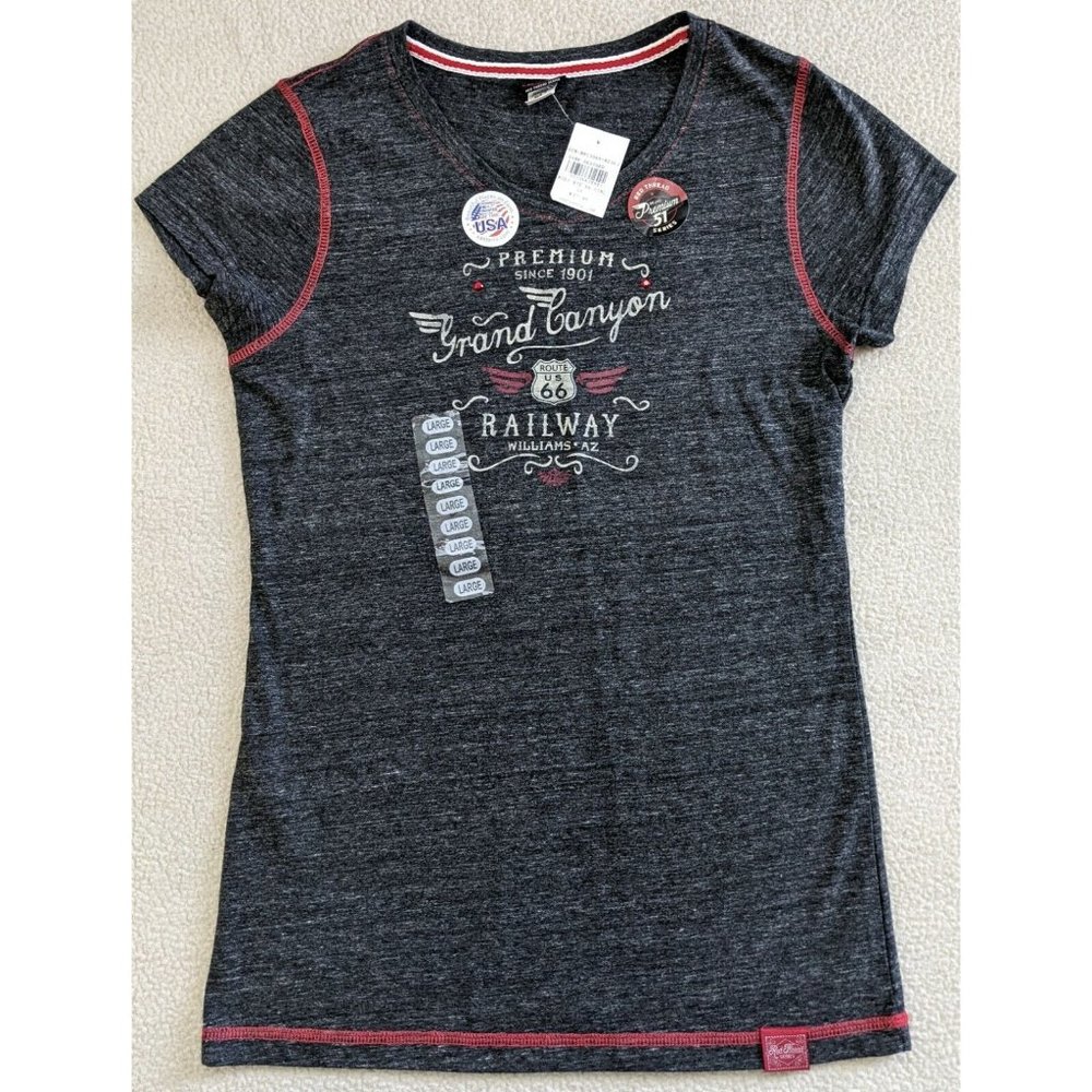 Premium 51 Red Tag Womens Large Grand Canyon Route 66 Railway AZ V- Neck -Shirt